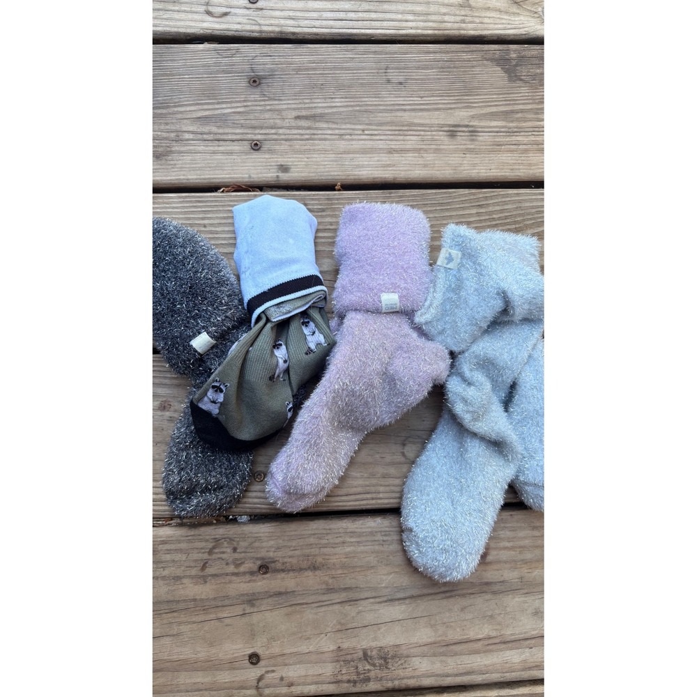 Mixed Bundle 4 Pairs Fuzzy Bombas Sparkle Socks & Raccoon Print Crew Socks
